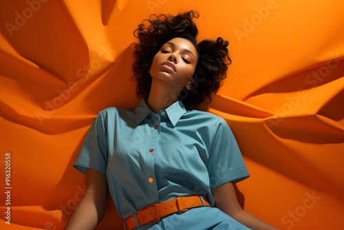Serene portrait of a woman with natural curls lying on an orange fabric