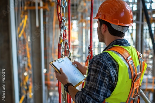 Authorise auditor personal wearing side impact safety helmet standing inspecting an inertial reel fall arrest, fall restraint equipment at training centre attached with structure