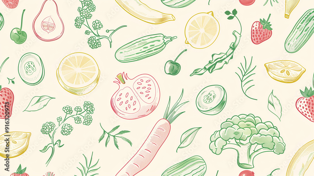 Hand-drawn fruit and vegetable pattern with pastel colors on light background Hand-drawn fruit and vegetable pattern with pastel colors on light background