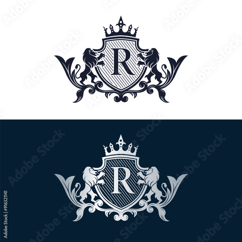 Luxurious and timeless logo with two regal lions holding a shield and the letter r, ideal for businesses seeking an elegant and sophisticated brand
