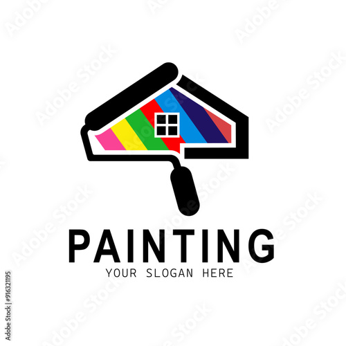 Energetic logo featuring a paint roller adding colorful stripes to a house, ideal for construction and real estate industries