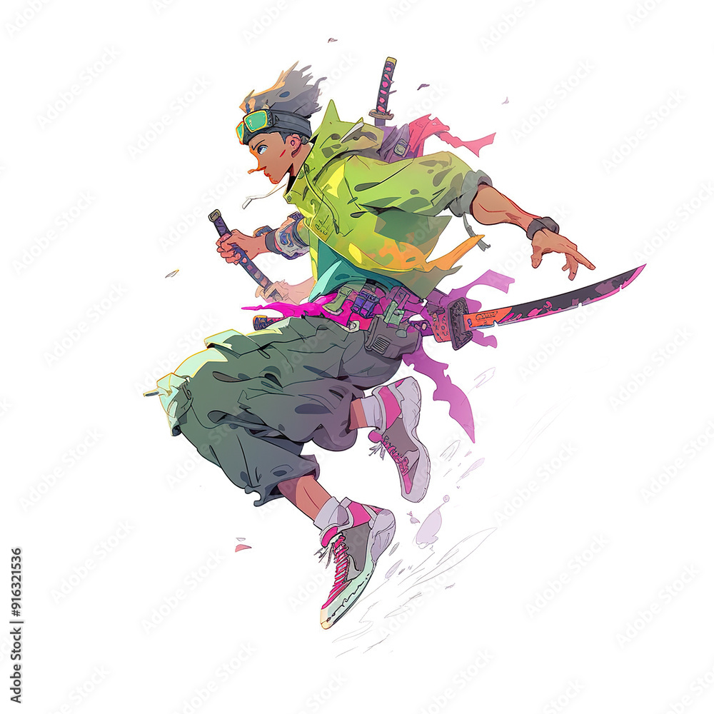 Obraz premium A Green-Clad Anime Character Leaping Through the Air with Swords.