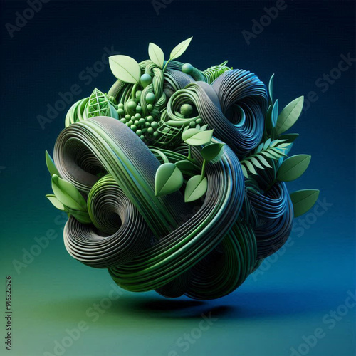 Abstract 3D Fluid Sculpture with Nature Elements
