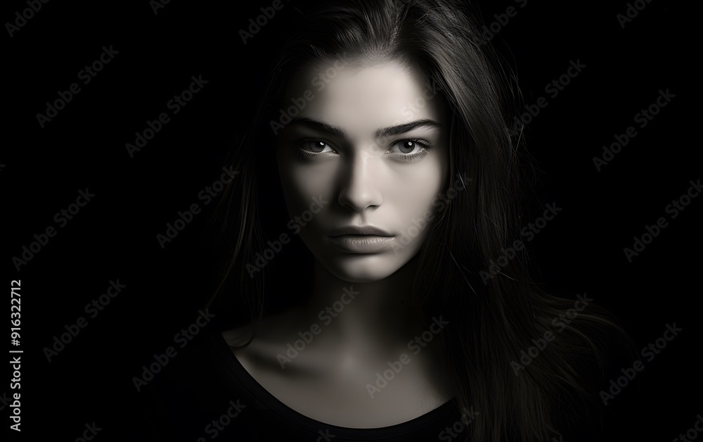 Fototapeta premium Dramatic portrait of a woman in low-key lighting, highlighting her intense gaze