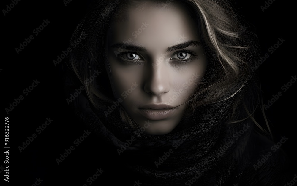 Intense black and white portrait of a woman with piercing eyes