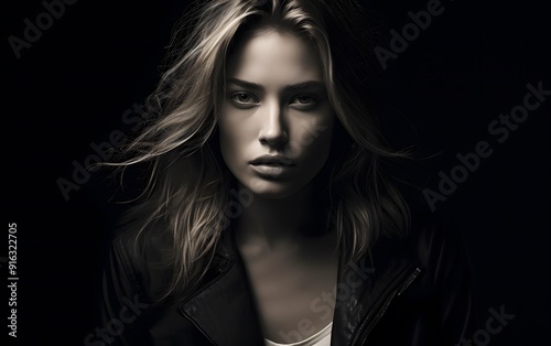 Artistic portrait of a woman with flowing hair, captured in a moody, cinematic style