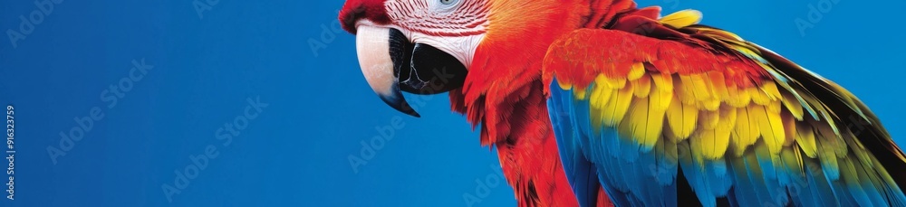 Obraz premium Vibrant Parrot in Full Feathered Splendor, Captivating Close-up of a Colorful Bird's Vivid Plumage and Sharp Beak Against a Blue Background.