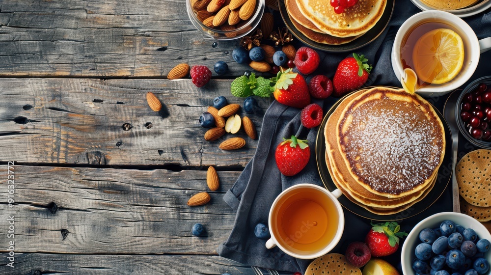 A delicious spread of breakfast food featuring pancakes, fresh berries, and a drizzle of syrup, set on a rustic wooden table, ready to enjoy. A delicious spread of breakfast food featuring pancakes, fresh berries, and a drizzle of syrup, set on a rustic wooden table, ready to enjoy.
