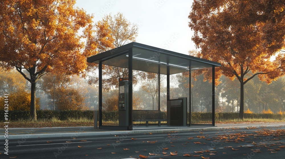 Modern bus stop in autumn with fallen leaves. Modern bus stop in autumn with fallen leaves.
