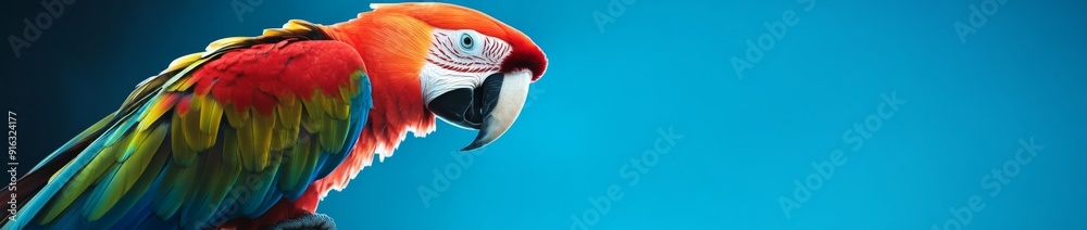 Obraz premium Vibrant Parrot in Full Feathered Splendor, Captivating Close-up of a Colorful Bird's Vivid Plumage and Sharp Beak Against a Blue Background.