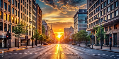 Fototapeta Naklejka Na Ścianę i Meble -  Deserted streets of a city district during sunset , empty, quiet, urban, evening, empty, deserted, streets, city, district