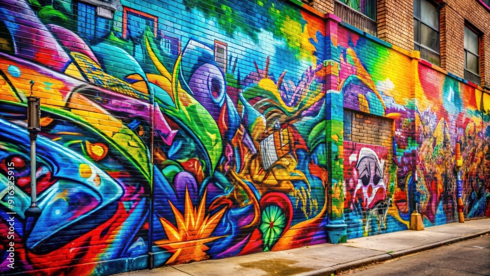 Fototapeta premium Graffiti wall with colorful urban street art , graffiti, wall art, urban, street, spray paint, vandalism, city