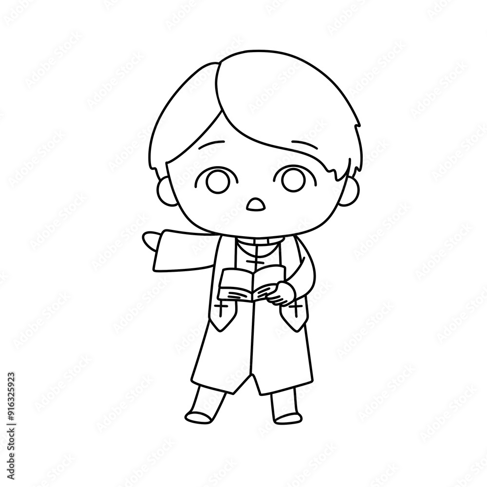 A young boy dressed in a priest's robe is holding a book and pointing to it A young boy dressed in a priest's robe is holding a book and pointing to it