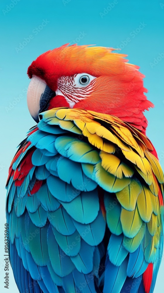 Obraz premium Vibrant Parrot in Full Feathered Splendor, Captivating Close-up of a Colorful Bird's Vivid Plumage and Sharp Beak Against a Blue Background.