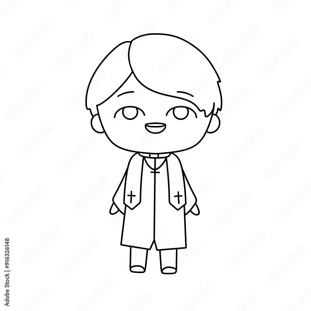 A cartoon drawing of a young man dressed in a priest's vest A cartoon drawing of a young man dressed in a priest's vest