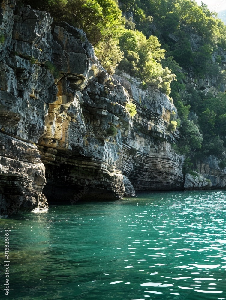 Tranquil Coastal Cliffs with Crystal Clear Waters: Serene Nature Landscape