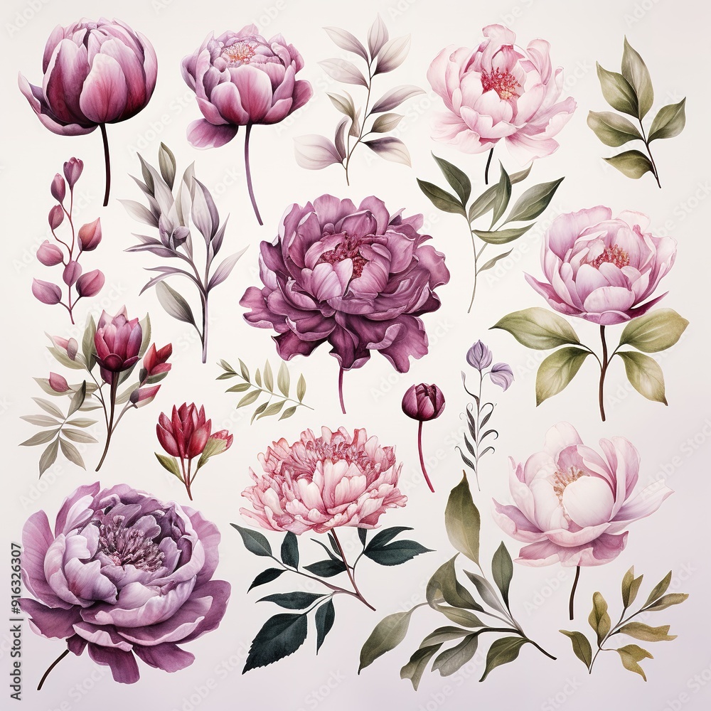 Watercolor painting of pink and purple peonies and foliage.