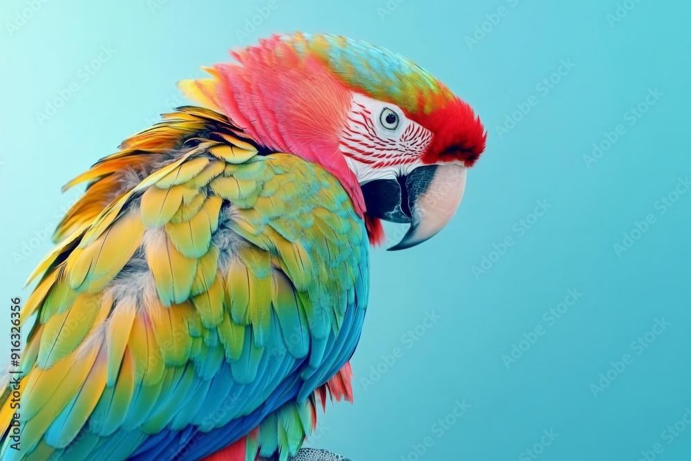 Fototapeta premium Vibrant Parrot with Colorful Feathers and Sharp Beak, Showcasing the Vivid Plumage and Characteristic Features of an Exotic Bird in a Striking Blue Background.