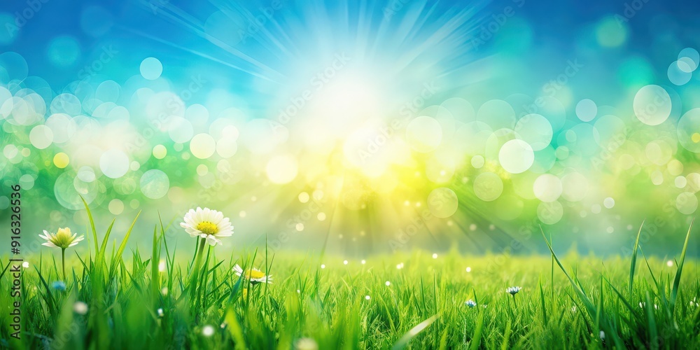 Obraz premium Sunny spring meadow blur background with blue sky to green grass gradient, nature, meadow, spring, sunny, blue sky