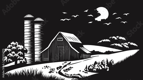 Barn and silos under moonlight, black and white illustration of a rural farm at night, perfect for country living artwork, rustic home decor, and agricultural themes, capturing the essence of farm lif