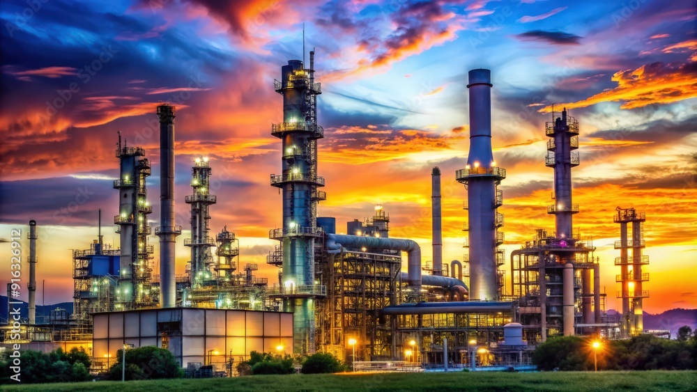 Oil refinery with twilight sky , industrial, plant, factory, pollution, environment, energy, fuel, processing Oil refinery with twilight sky , industrial, plant, factory, pollution, environment, energy, fuel, processing