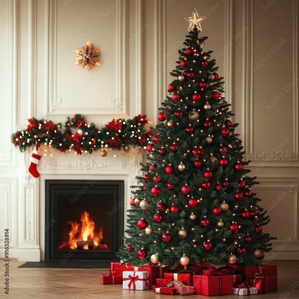 Beautifully decorated Christmas tree with red balls and star lights on fireplace background. Beautifully decorated Christmas tree with red balls and star lights on fireplace background.