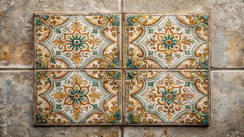 Obraz premium Old ceramic tile with cement texture, perfect for adding a rustic touch to any space, cement, concrete, stone, mosaic