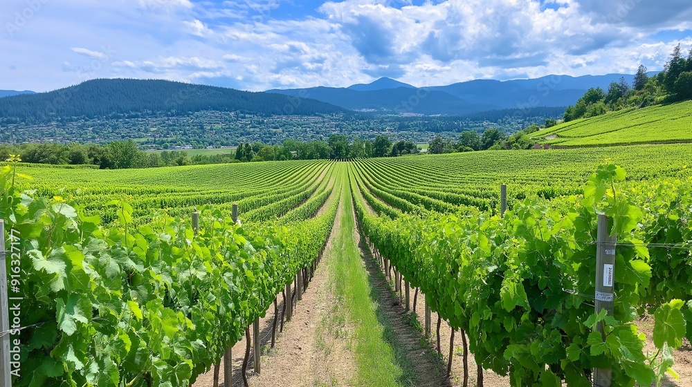 A vineyard with rows of grapevines and a scenic backdrop. A vineyard with rows of grapevines and a scenic backdrop.