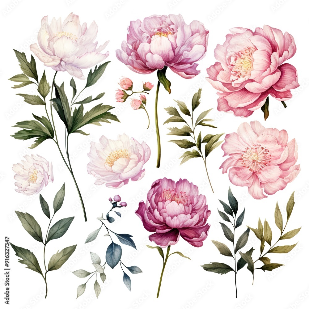 Watercolor painting of pink and white peonies with leaves.