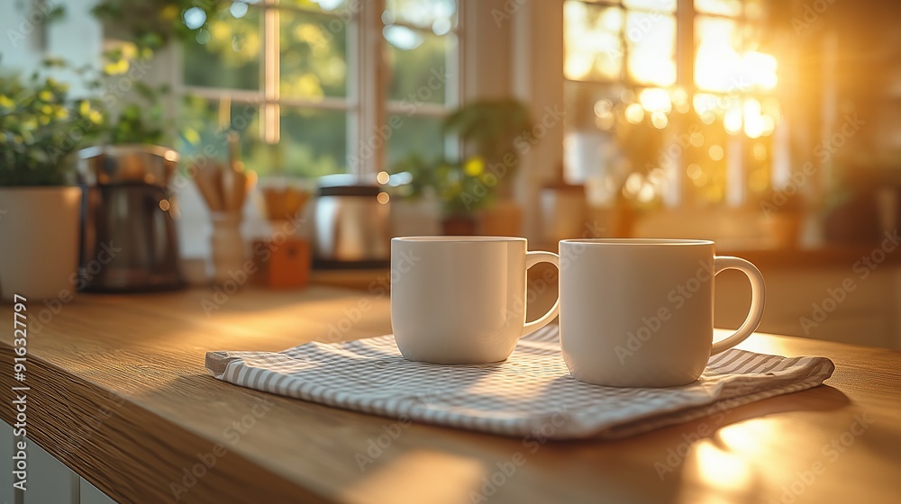 Two White Coffee Mugs on a Wooden Kitchen Counter with Sunlight Streaming Through the Window, Creating a Warm and Cozy Morning Atmosphere Two White Coffee Mugs on a Wooden Kitchen Counter with Sunlight Streaming Through the Window, Creating a Warm and Cozy Morning Atmosphere