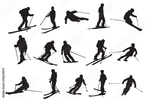 snow ski set silhouette full isolated collection vector illustration