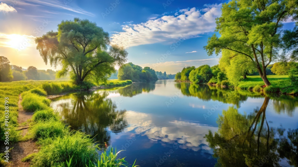 Serene riverside scene on a bright summer morning , river, water, nature, peaceful, tranquility, sunshine, trees Serene riverside scene on a bright summer morning , river, water, nature, peaceful, tranquility, sunshine, trees