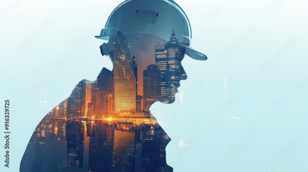Double exposure of a female engineer wearing a helmet and a cityscape silhouette, against the background of a construction site skyline the city appears to be growing or under construction Double exposure of a female engineer wearing a helmet and a cityscape silhouette, against the background of a construction site skyline the city appears to be growing or under construction