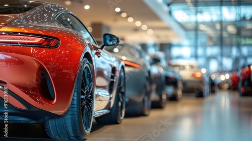 Side view of luxury cars in a showroom, a new modern car service center. Sunlight through the glass creates a bokeh effect.