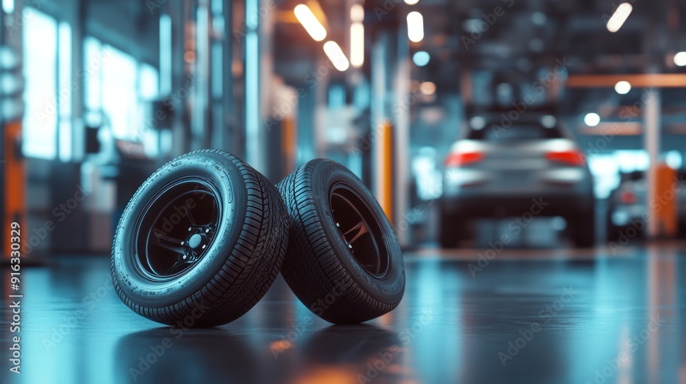 New tires, tire shop changing wheels at a service center or auto repair shop, soft sunlight New tires, tire shop changing wheels at a service center or auto repair shop, soft sunlight