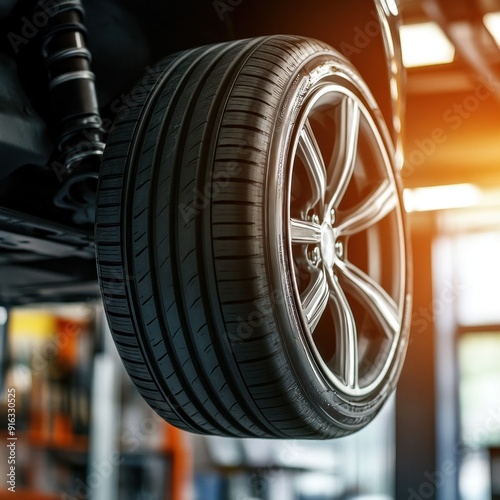 New tires, tire shop changing wheels at a service center or auto repair shop, soft sunlight photo