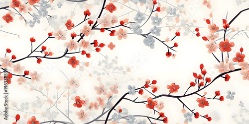 Seamless Watercolor Abstract Spring Natural Floral Blossom White, Pink, Red, Purple, and Blue Flower on a Branch Pattern With Delicate Plant and Flower Leaves Border on Lite Background