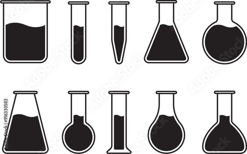 様々な形の実験用具、フラスコ、ビーカー、試験管などのガラス器具のベクターイラストセット