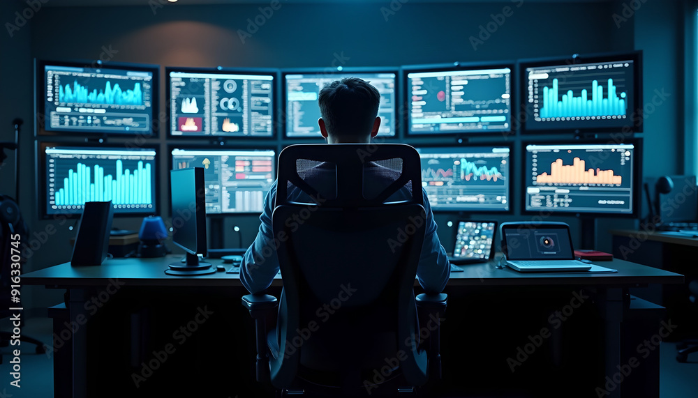 man sitting in front of multiples screens with computers man sitting in front of multiples screens with computers