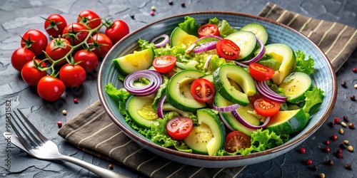 Healthy salad with avocado, cherry tomatoes, cucumber, red onion, and lettuce in bowl, salad, healthy, vegetarian