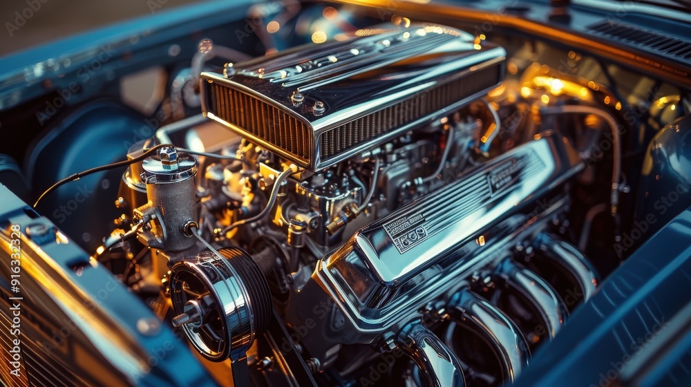 Closeup of a Polished Car Engine. Closeup of a Polished Car Engine.