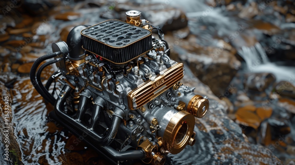 Gold and Black Engine by a Creek. Gold and Black Engine by a Creek.