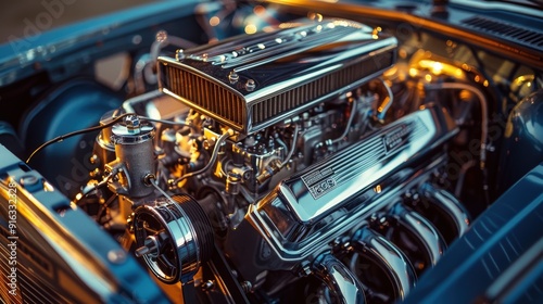 Closeup of a Polished Car Engine.