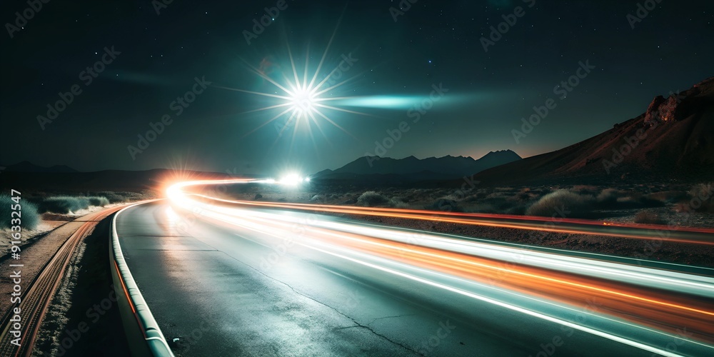 Obraz premium Nighttime Desert Road with Headlights Leading the Way