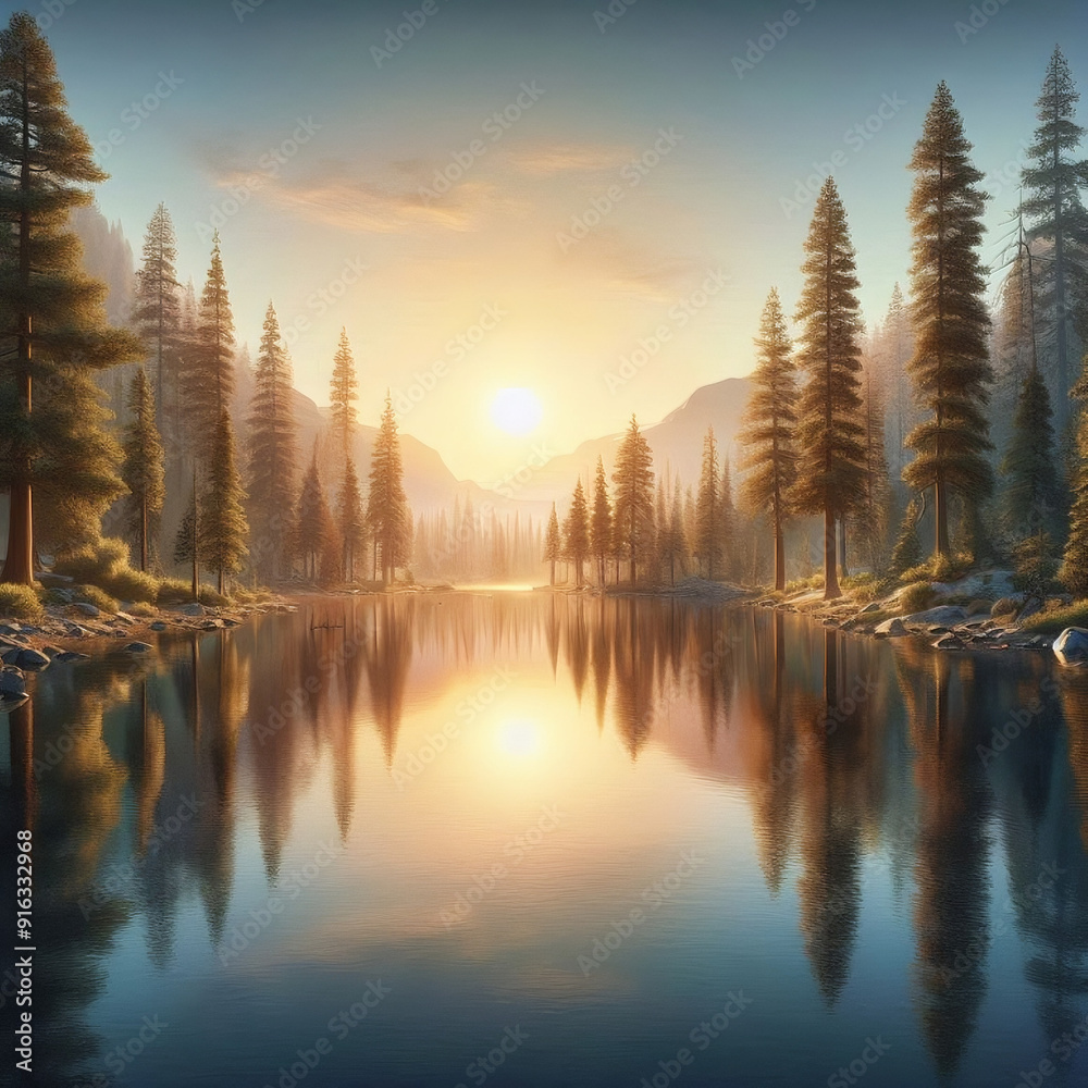 Obraz premium A view of a lush pine forest around a quiet lake.