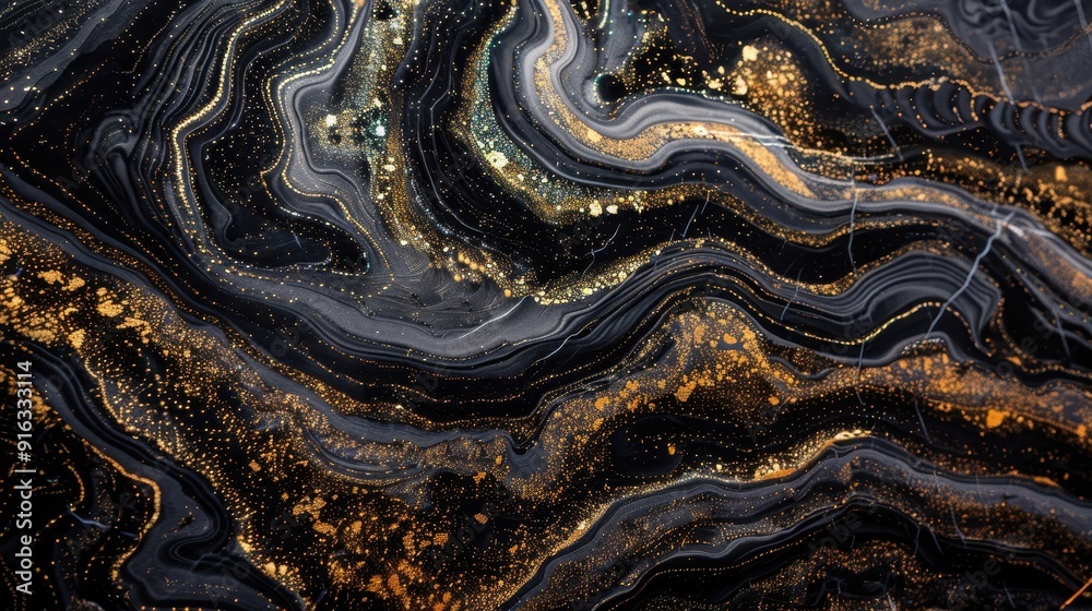 Swirling black and gold patterns blend together, creating a mesmerizing abstract design with rich textures and colors