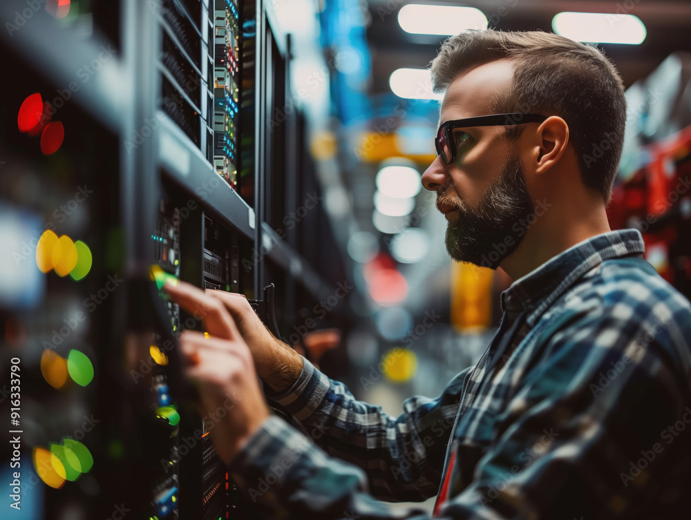 A man working in a server room. IT specialist technician engineer troubleshooting a network in a server room filled with cable management shelving system A man working in a server room. IT specialist technician engineer troubleshooting a network in a server room filled with cable management shelving system