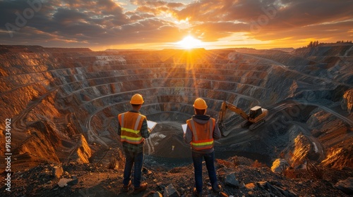 Two workers in uniforms and safety helmets stand in an open pit mine with an excavator on the horizon, holding documents as they look in golden hour lighting