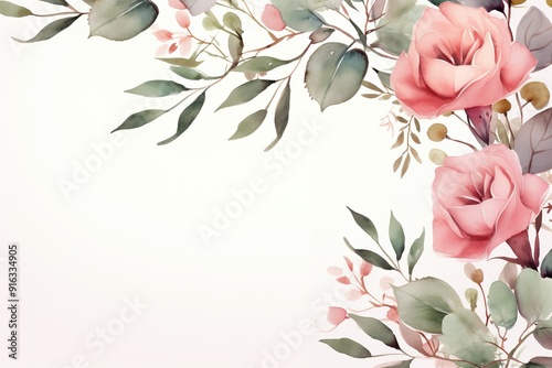 Watercolor painting of pink flowers and green leaves on white background.