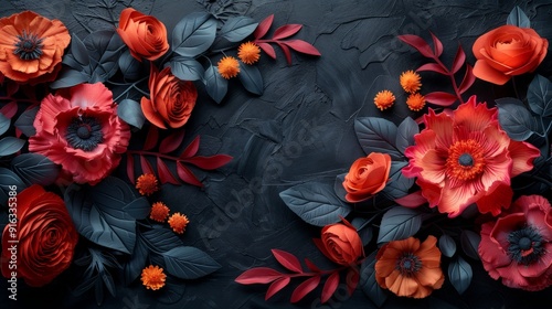 A 3D floral wallpaper with an elegant bunch of leaves and flowers on a black background, featuring plenty of copy space photo